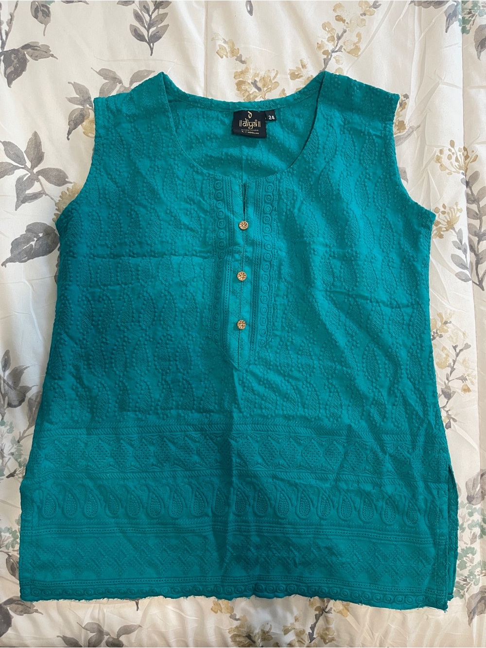 Teal Embroidered Sleeveless Tank Top